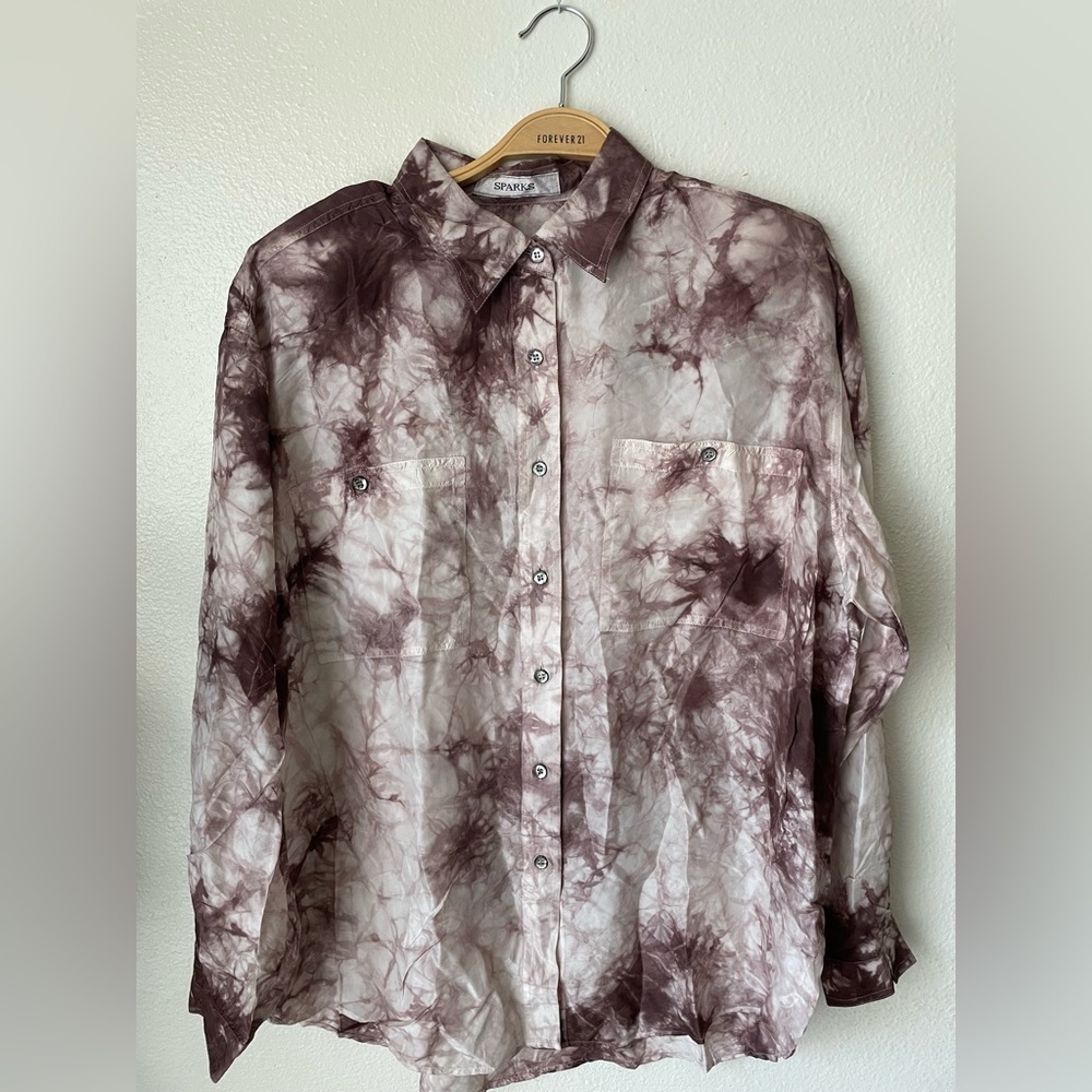 Vintage Tie Dye Brown Long Sleeve Button Up Shirt 100% Silk Shoulder Pad Pockets